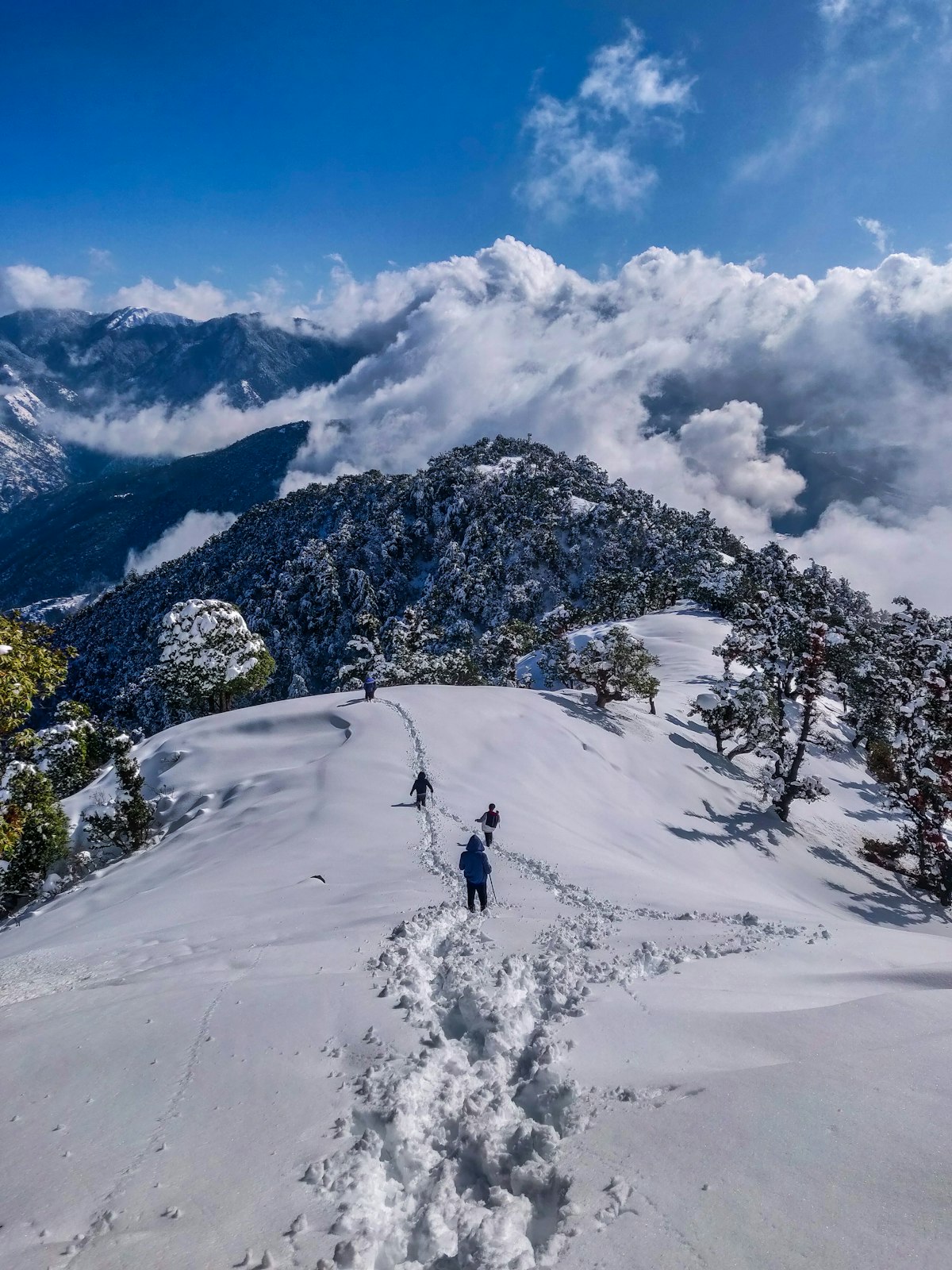 Travelers walking through a snowy Himalayan landscape